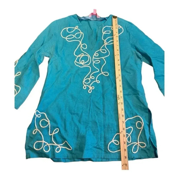 Lilly Pulitzer Turquoise Blue Linen Tunic Top With Applique Embroidery - Picture 4 of 12